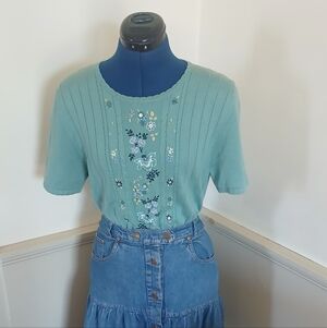 Embroidered Sea Green Short Sleeve Cotton Blend Sweater